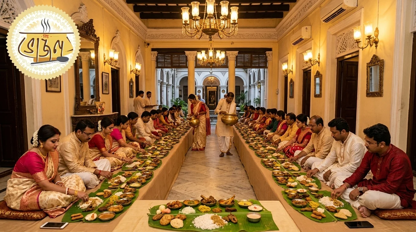 Traditional Bengali biye bari feast on banana leaves served by New Bhojon Caterer, Kolkata