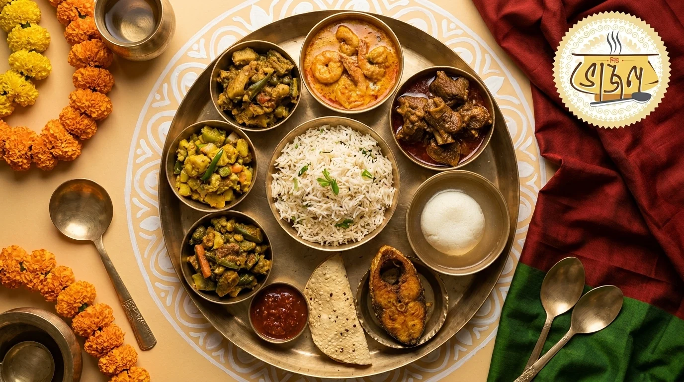 Bengali reception thali served by New Bhojon at a Rajarhat wedding