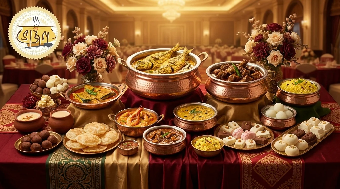 New Bhojon Bengali wedding buffet spread at a Kolkata reception