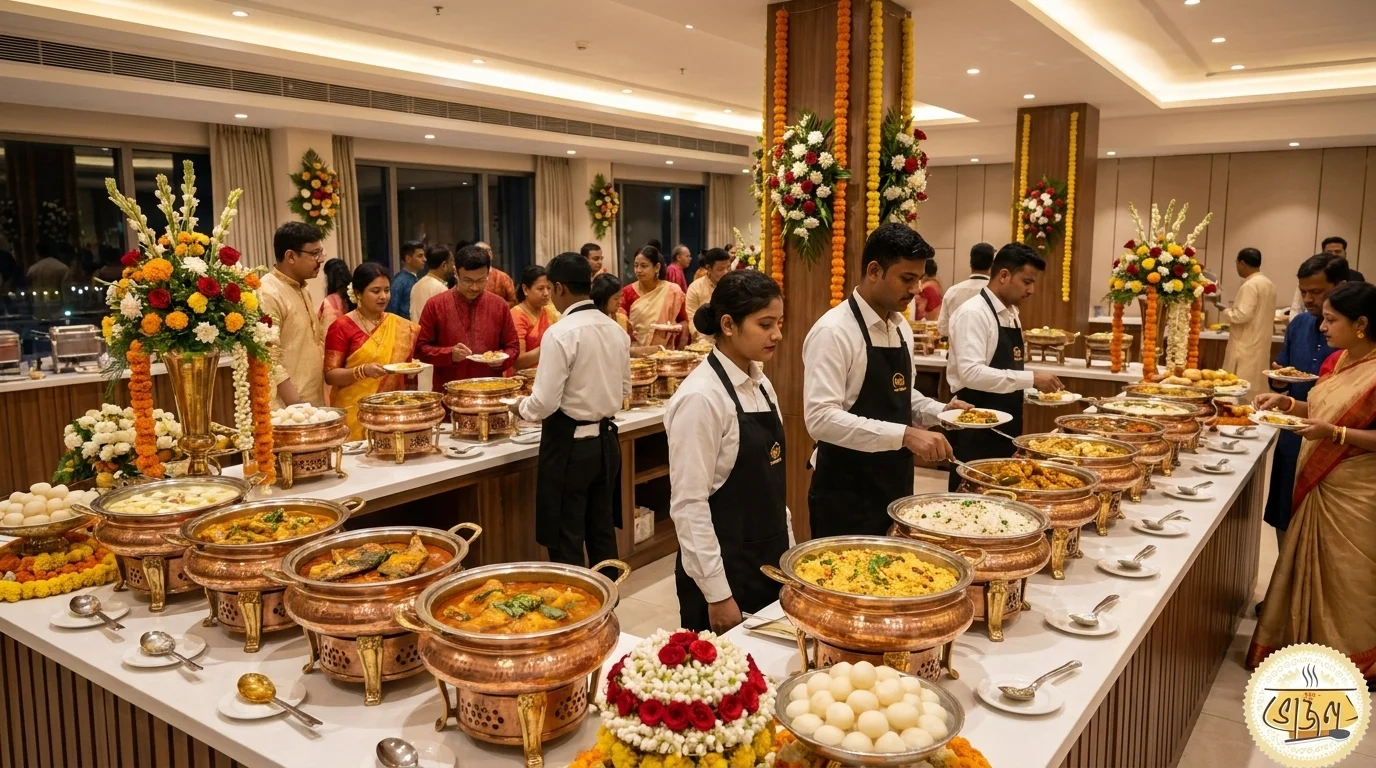 Bengali wedding buffet setup by New Bhojon at a Salt Lake Sector 5 event