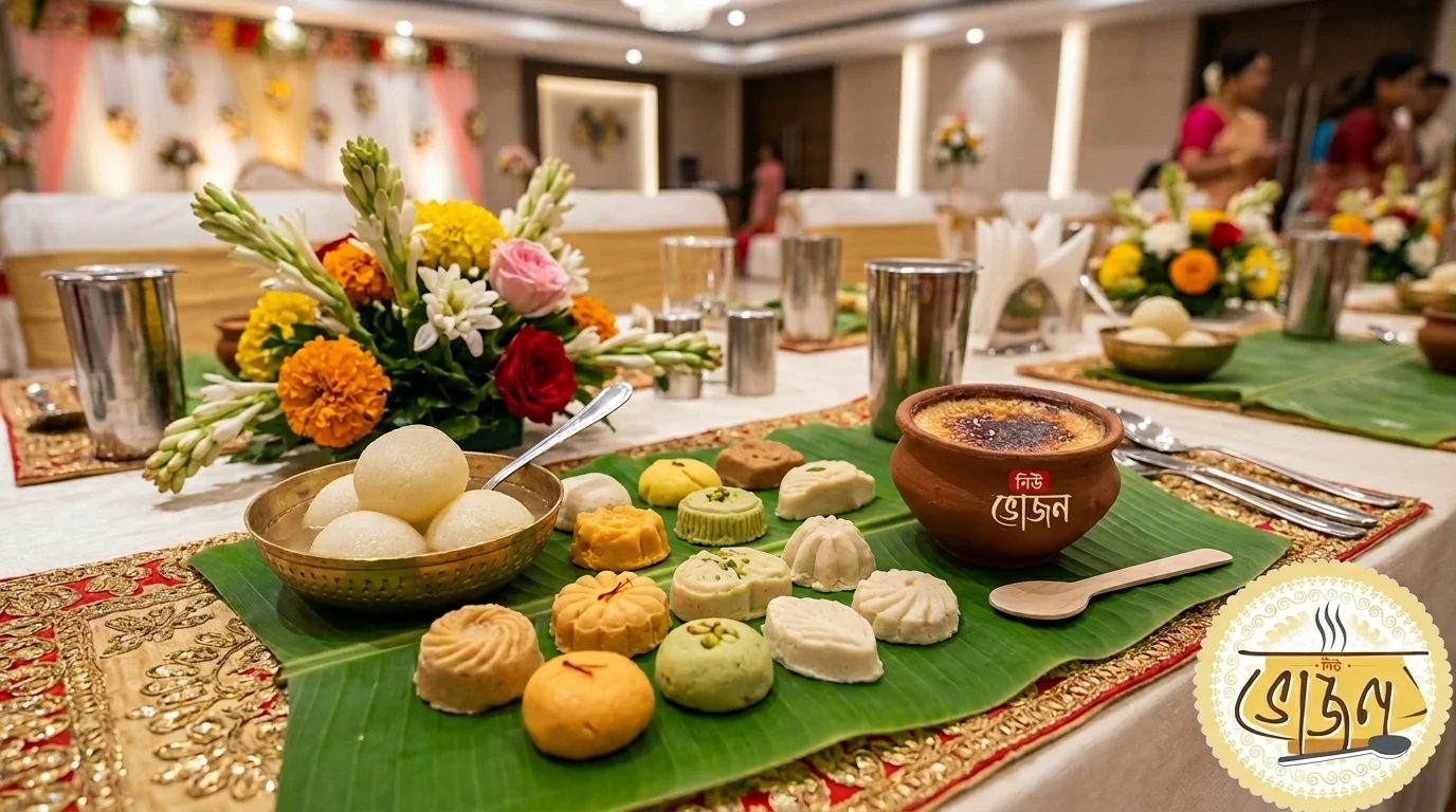 Bengali wedding sweets (rosogolla, sandesh, mishti doi) at a biye bari