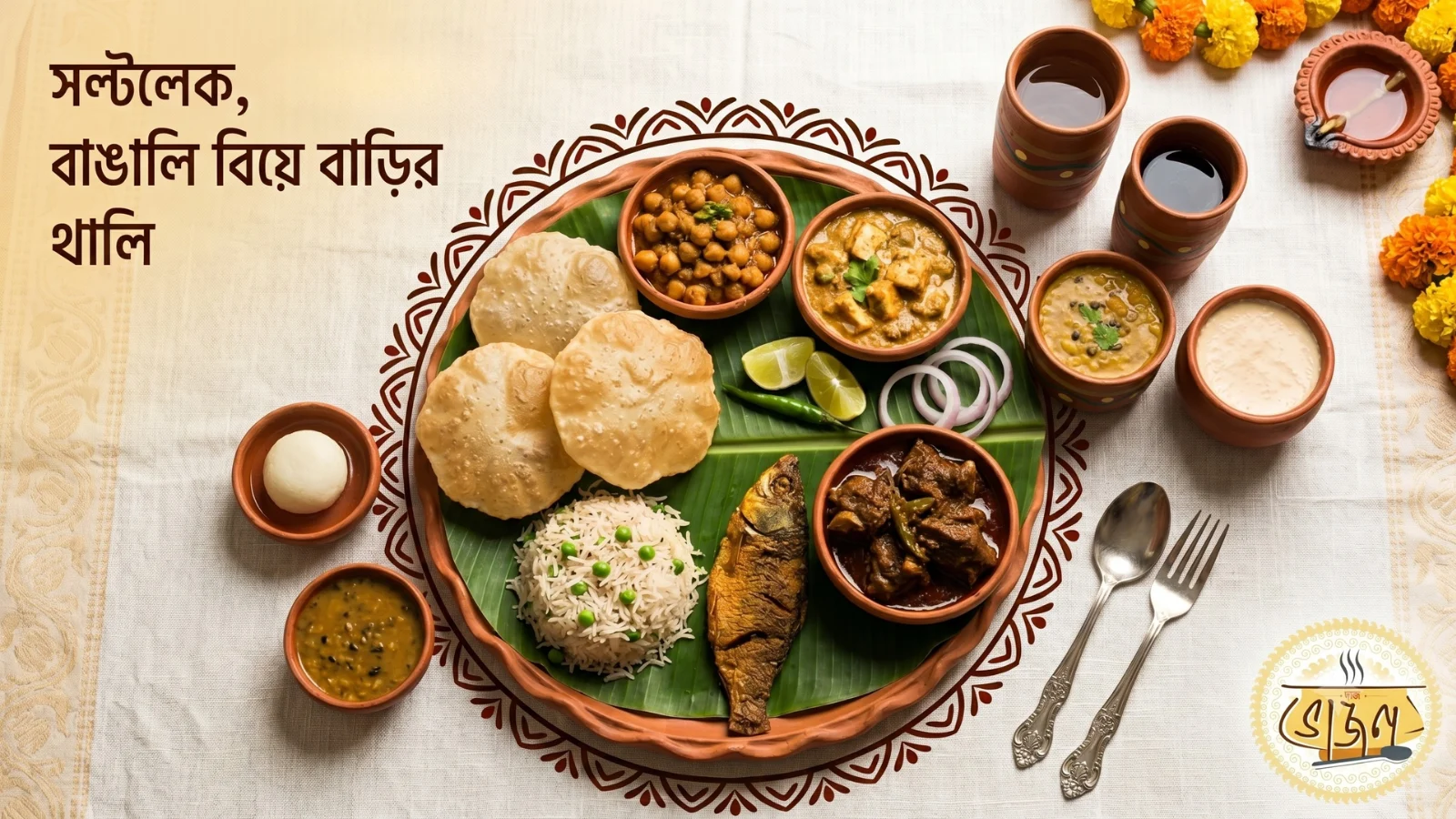 Bengali wedding thali served at a Salt Lake biye bari by New Bhojon Caterer