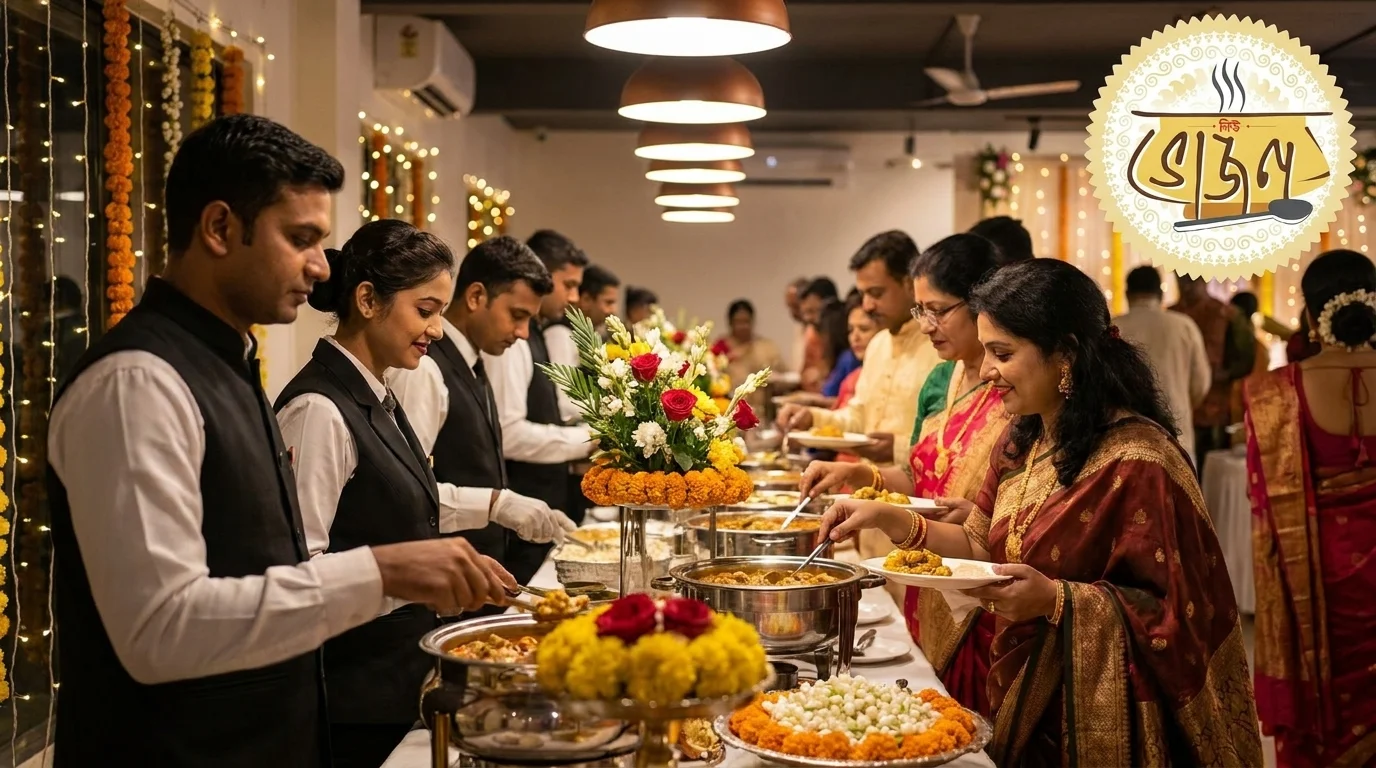 Catering service staff serving guests at a Salt Lake Bidhannagar event