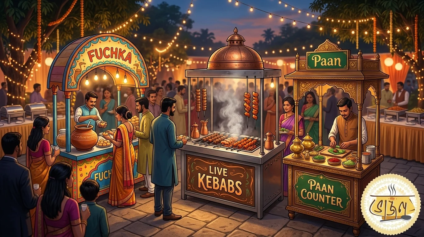 Signature live food counters at a New Bhojon event — fuchka, kebab, paan