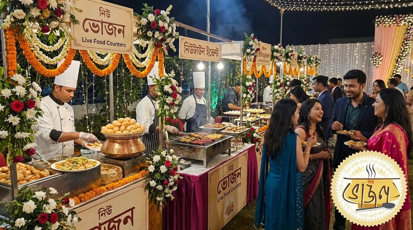 Live food counters (chaat, kebab) at a Newtown event by New Bhojon