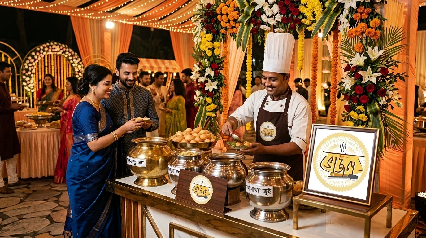 Live fuchka (golgappa) counter at a Bengali biye bari — New Bhojon Caterer