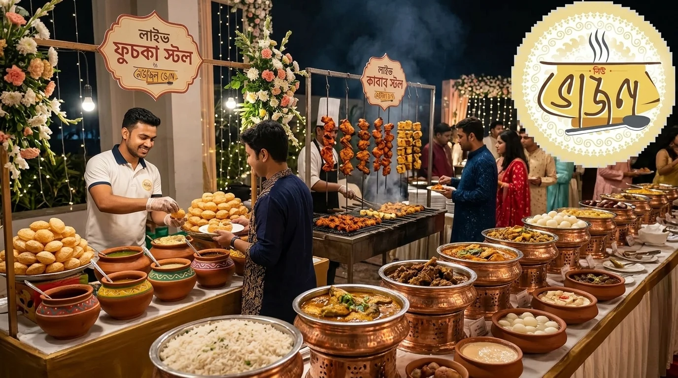 Live phuchka stall and kebab counter at a Kolkata wedding catered by New Bhojon