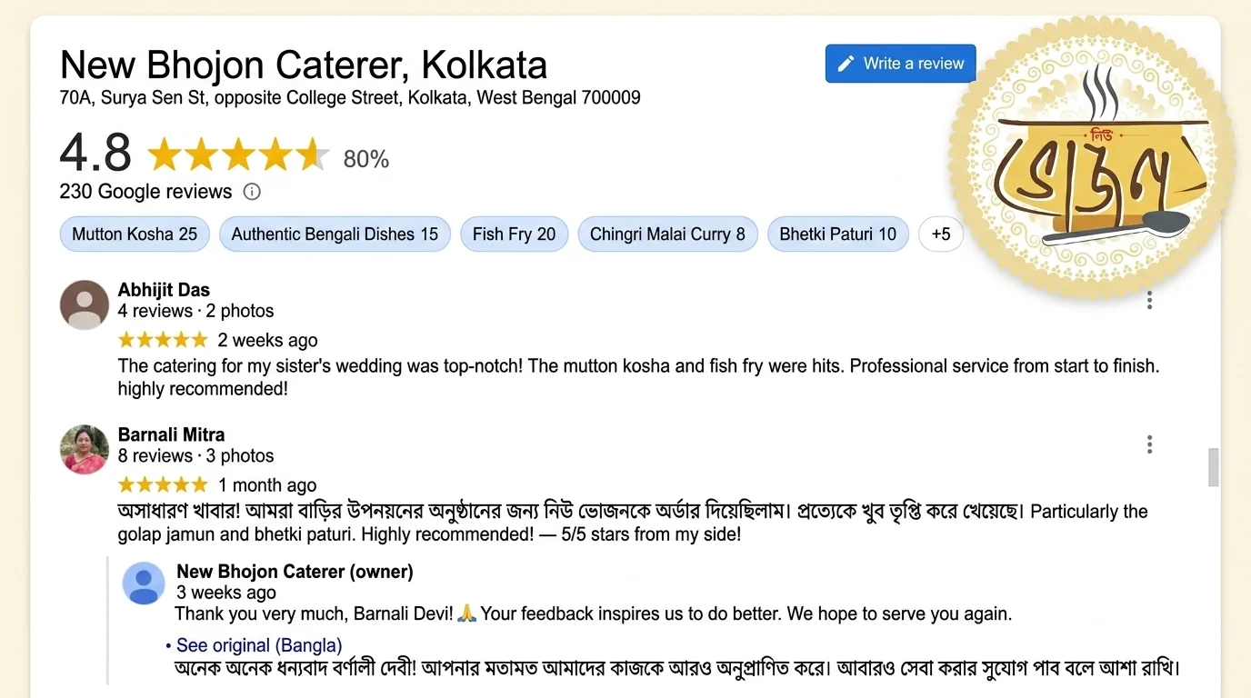 Google review screenshots showing 4.8 stars for New Bhojon Caterer Kolkata