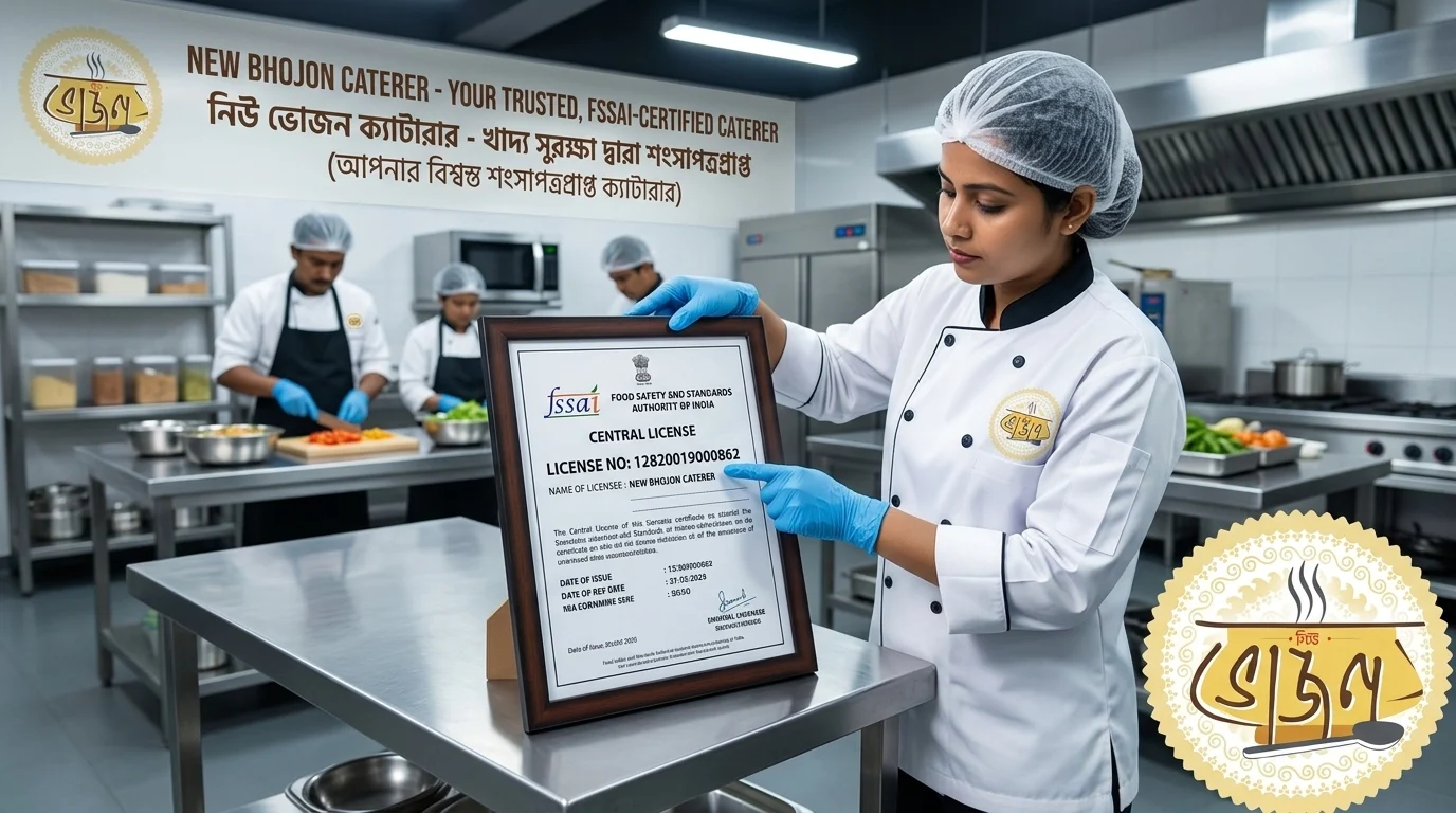 New Bhojon Caterer displaying FSSAI licence certificate — food safety certified