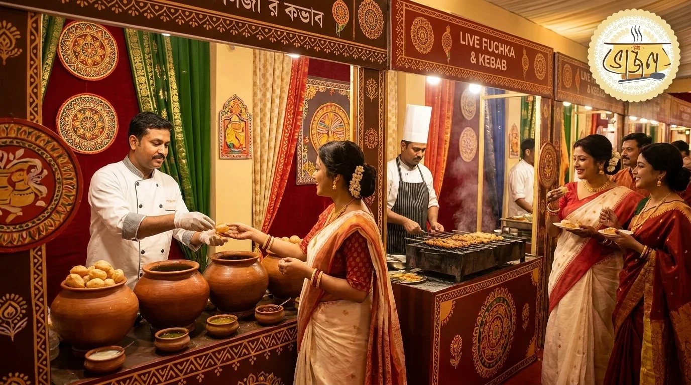 Live fuchka and kebab counter at a New Bhojon event in Kolkata