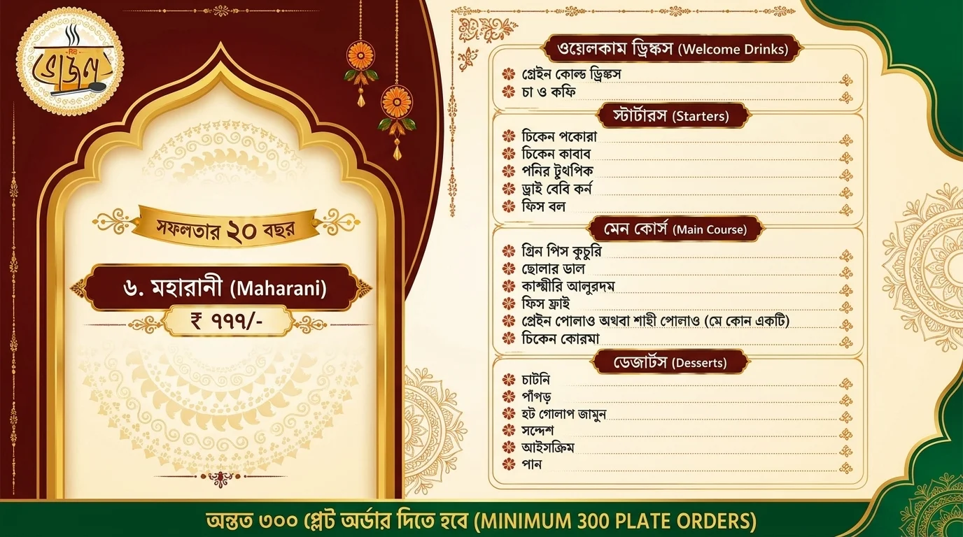 New Bhojon transparent per-plate catering rate chart Kolkata from ₹777