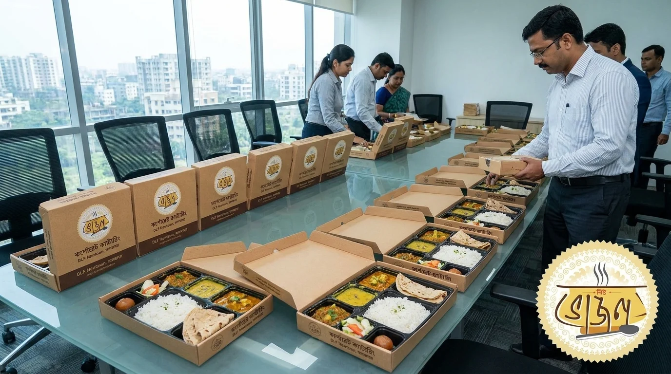 Corporate boxed-lunch catering at a Newtown DLF office, New Bhojon