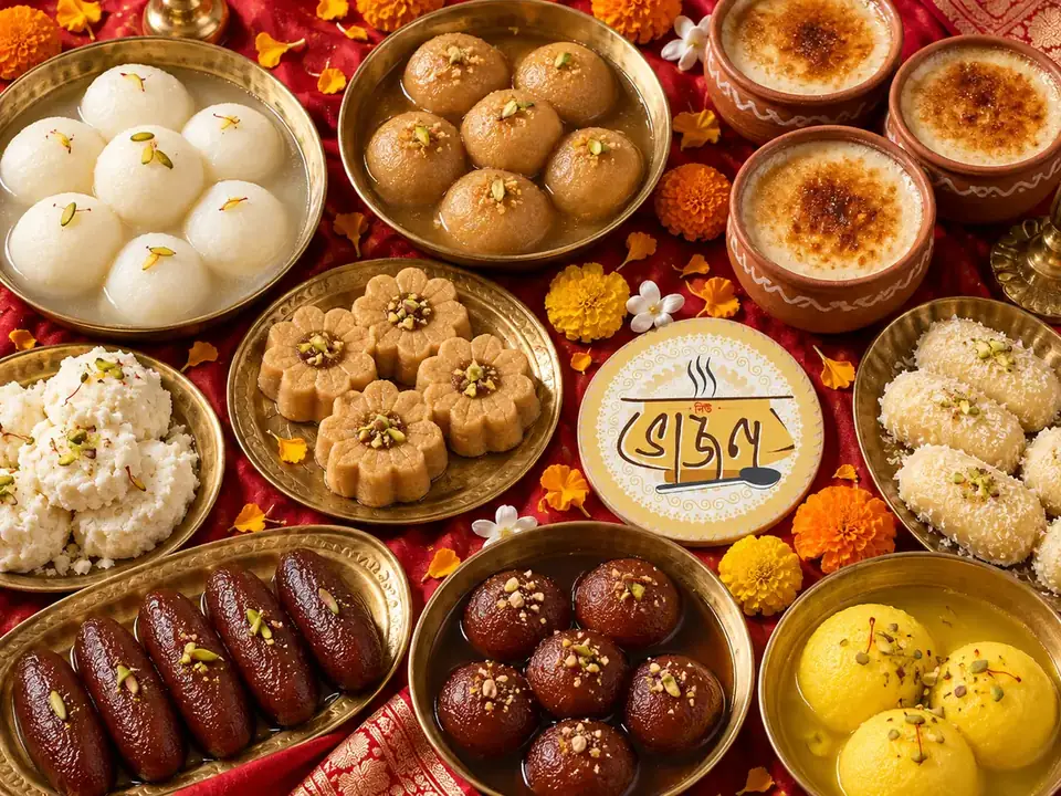 Bengali Wedding Sweets List: 15 Mishti for Your Biye Bari Menu 2 Bengali sweets on brass plates: rosogolla, nolen gurer rosogolla, nolen gurer sandesh, mishti doi, chomchom, langcha, pantua and rajbhog