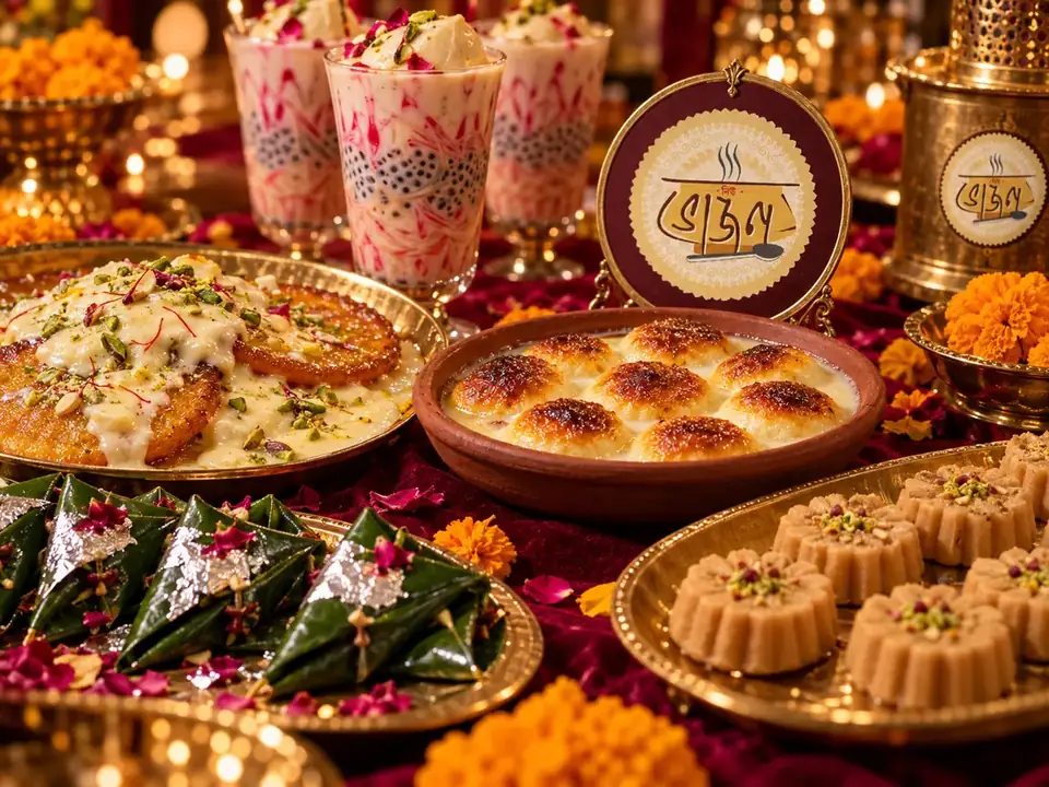 Bengali wedding dessert table with malpoa and rabri, baked rosogolla, nolen gurer sandesh, kulfi faluda and Benarasi paan
