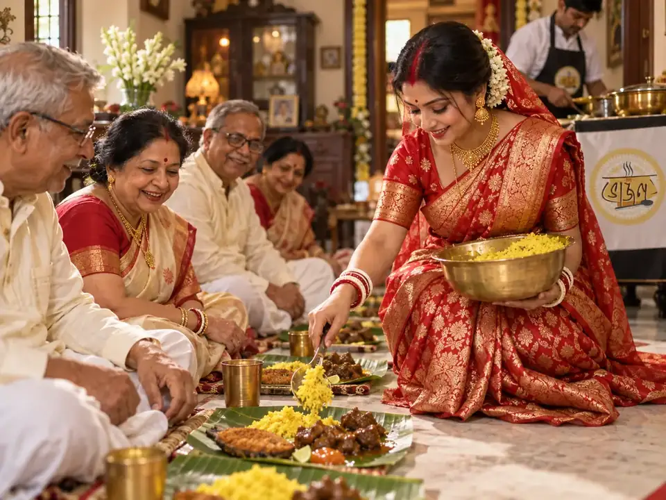 Bengali bride in a red Banarasi saree serving basanti pulao on banana leaves to elders at a bou bhat ceremony
