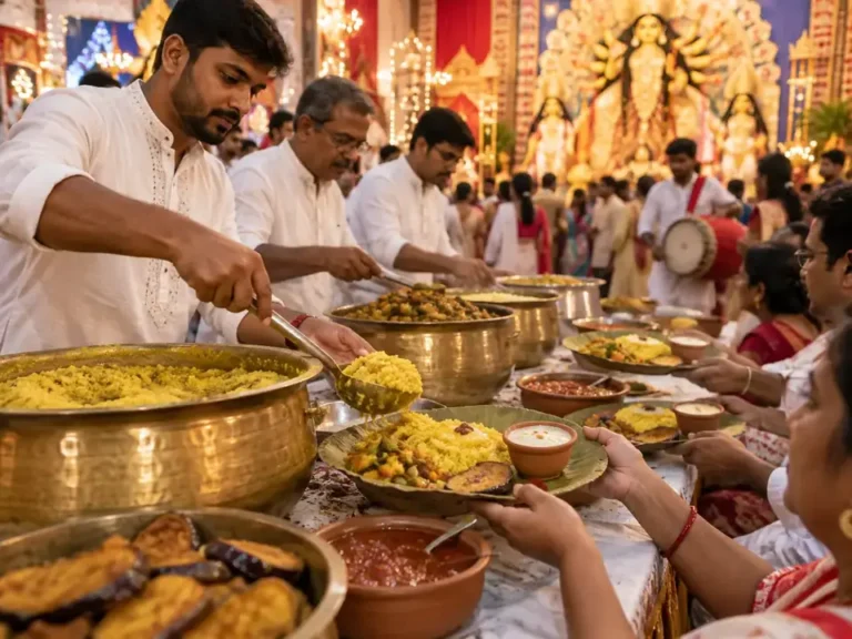 Home 15 Durga Puja bhog khichuri, labra and payesh on sal-leaf plates
