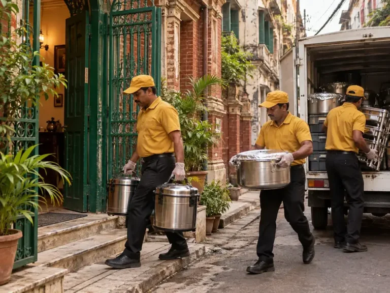Home 12 Caterers carrying insulated food containers into a Kolkata building