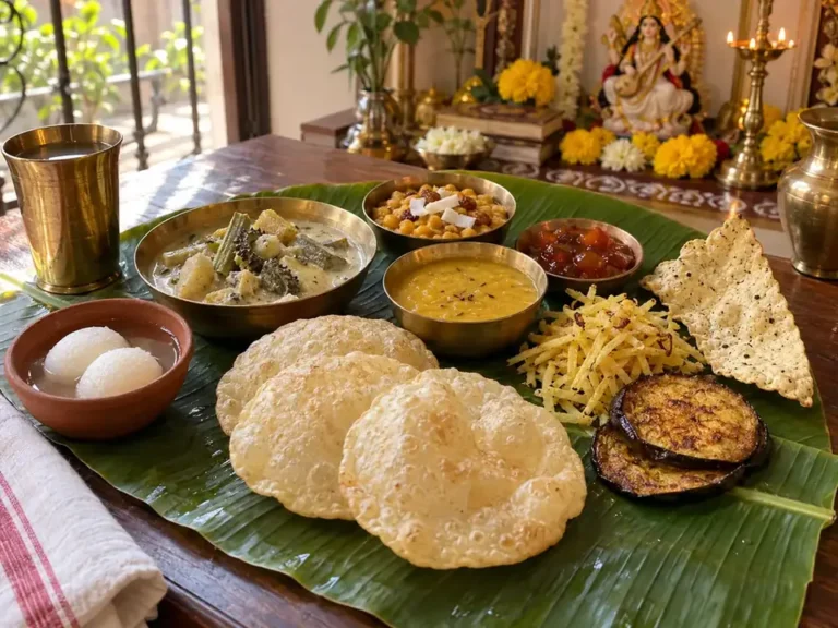 Home 14 Pure vegetarian Bengali meal beside a home altar