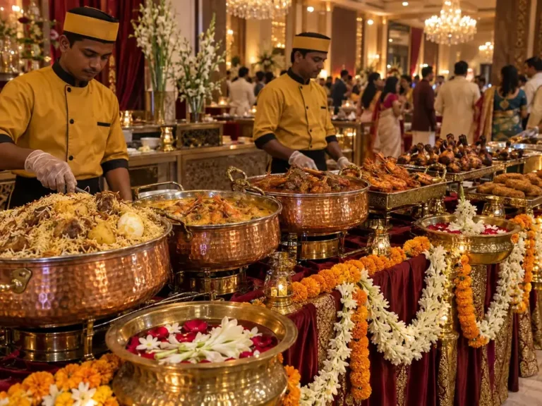Home 8 Premium Bengali wedding buffet with copper handis in a Kolkata banquet hall